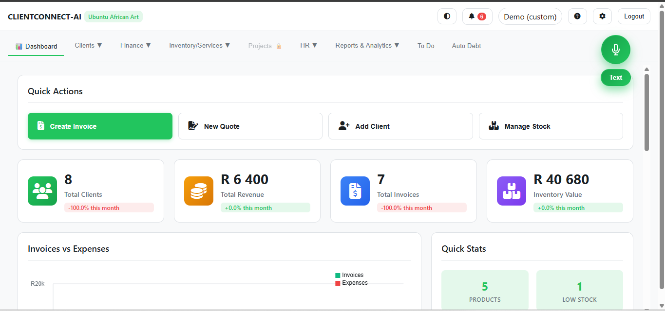 ClientConnect AI desktop dashboard screenshot